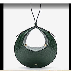 JW PEI Dark Green Croc-Embossed Round Rantan Bag